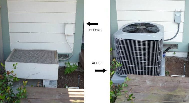Air conditioning unit installation before and after, showcasing improved outdoor setup.