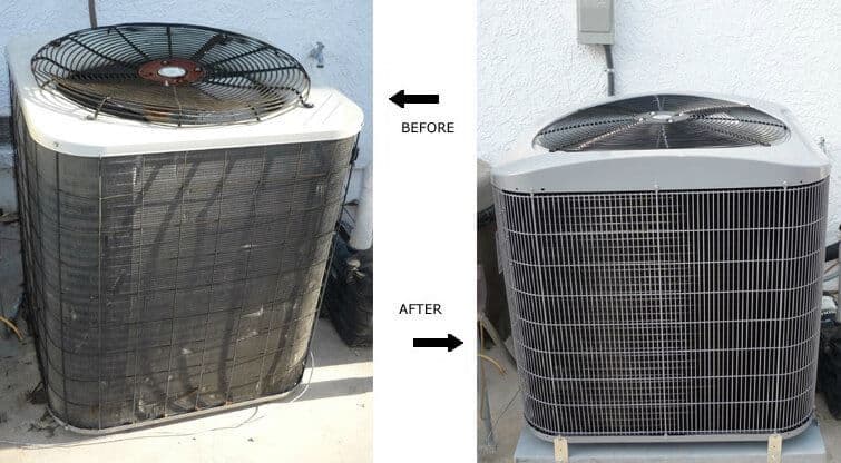 Before and after comparison of a cleaned air conditioning unit showing significant improvement.