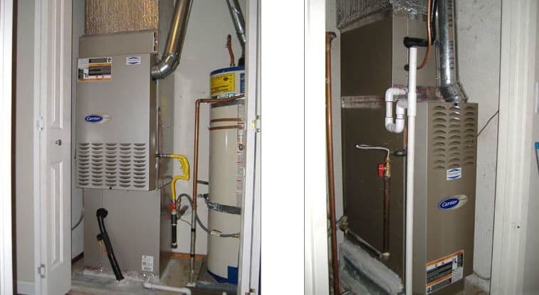 Carrier furnace and hot water heater in a utility room, showcasing installation and connections.