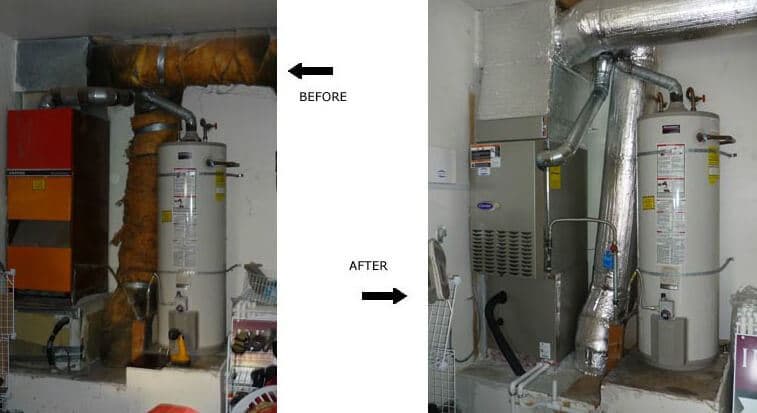 Water heater installation before and after with upgraded ductwork and insulation.