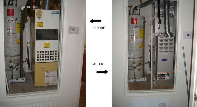Before and after images of a home water heater replacement showcasing improved installation.