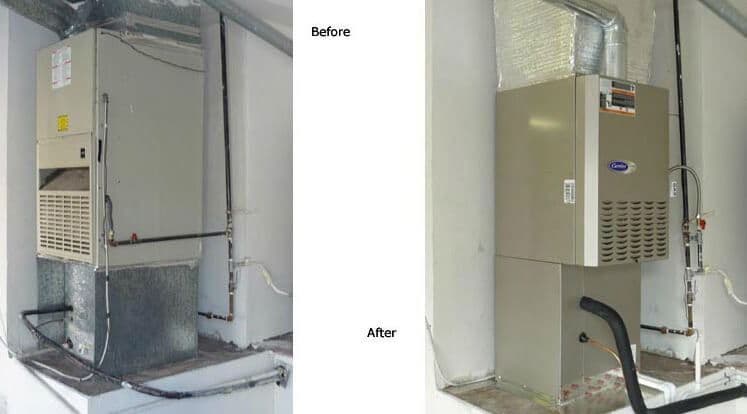 Before and after photos of an HVAC system installation, showcasing improved design and efficiency.