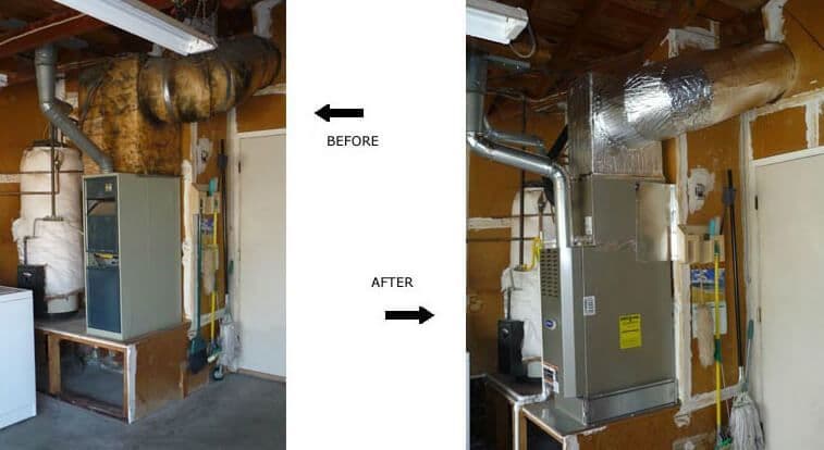 Before and after transformation of a garage with updated HVAC system installation.