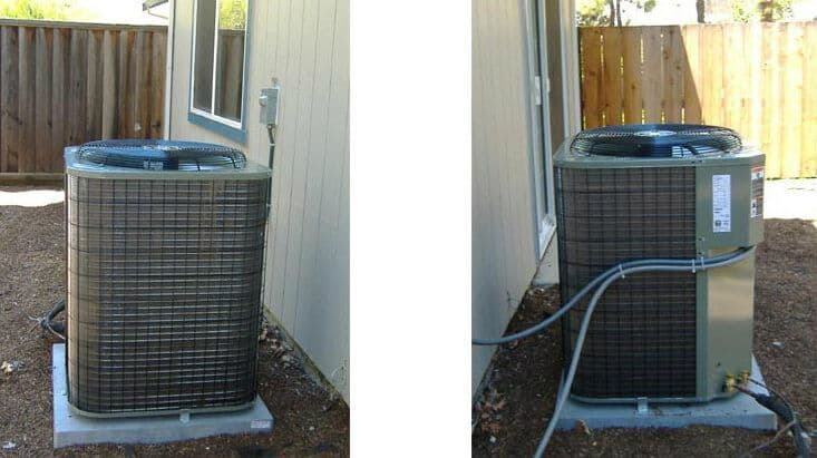 Air conditioning units installed beside a house, showcasing their outdoor placements.